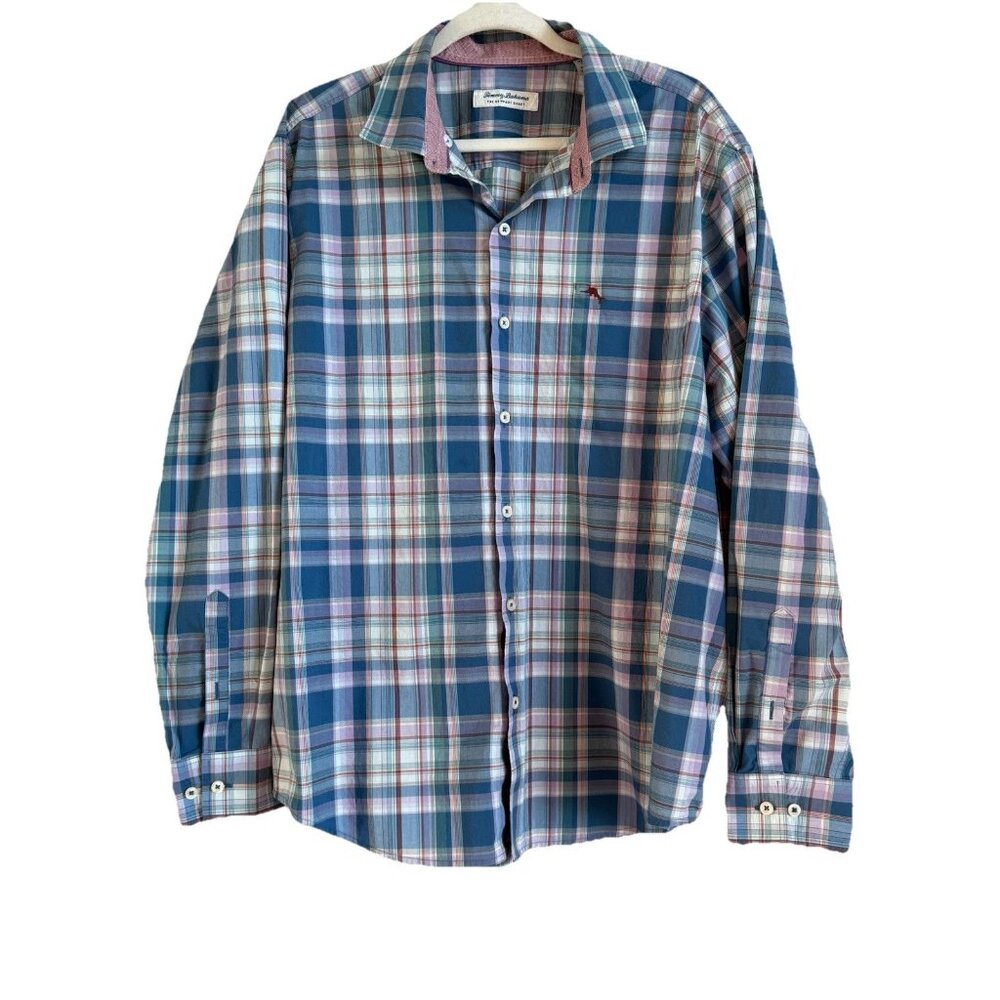 Tommy Bahama‎ Shirt Mens XL Newport Coast Blue Plaid Button Up Flip Cuff Pima